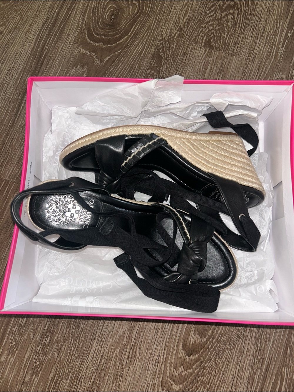 Vince Camuto Black Wedge Espadrille Sandals with Wrap Ankles